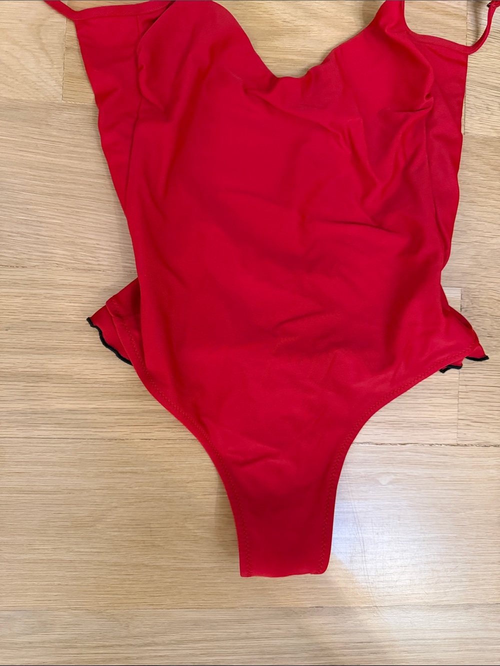 Shadi Ruffle-Shoulder Red One-Piece Swimsuit - Picture 3 of 6